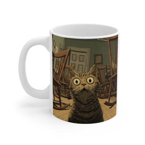 11oz Mug — Wide-Eyed Cat in Rocking Chair Room Coffee Tea Cup