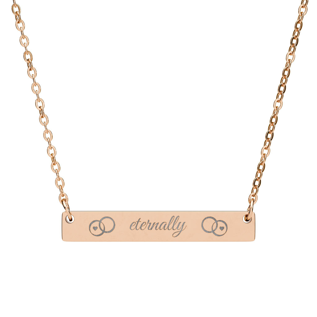 eternally  Horizontal Bar Necklace — Custom 'eternally' Script, Two Wedding Bands and hearts