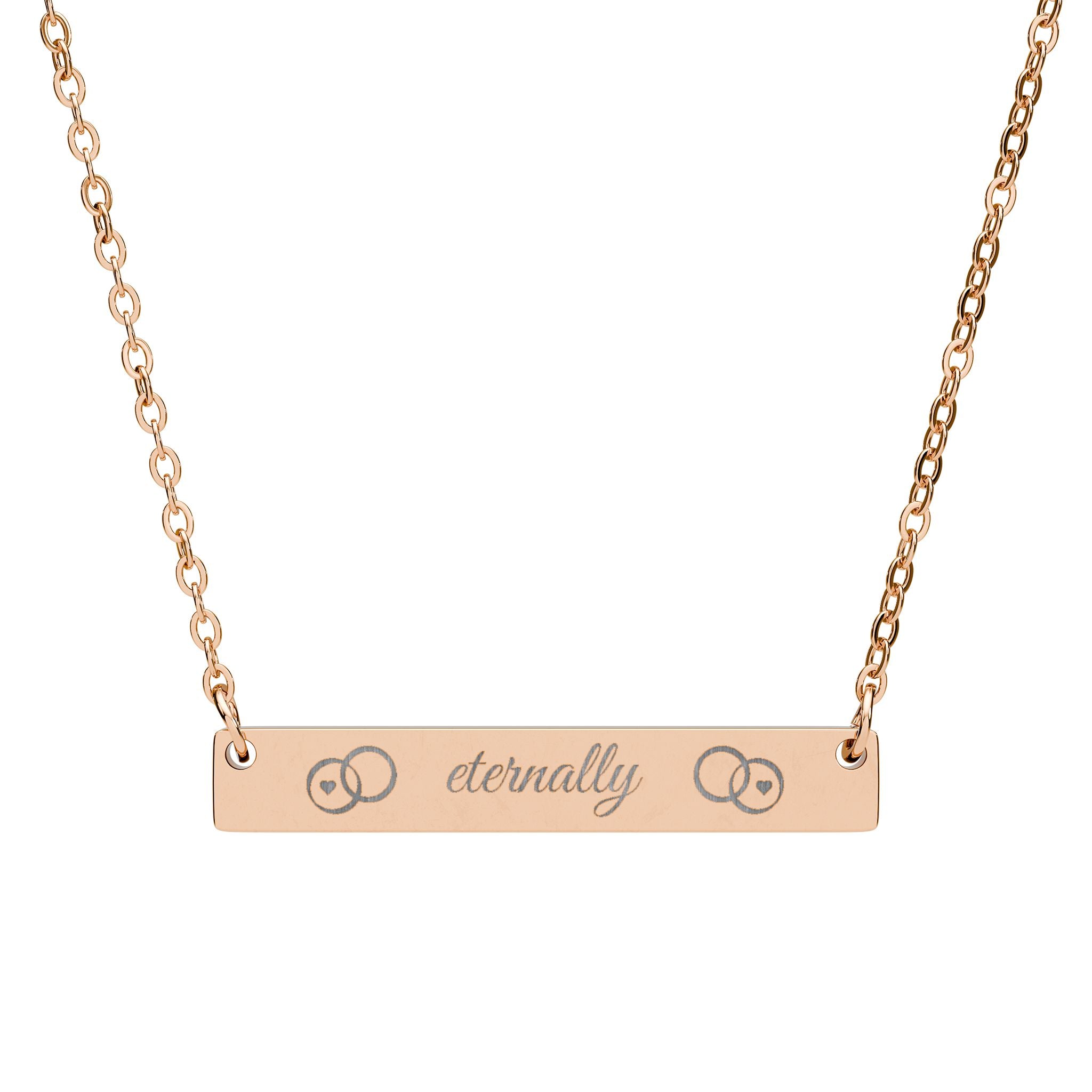 eternally  Horizontal Bar Necklace — Custom 'eternally' Script, Two Wedding Bands and hearts