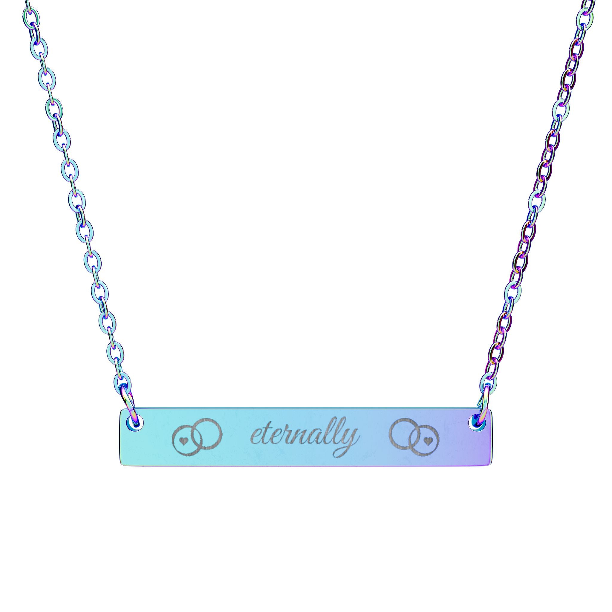 eternally  Horizontal Bar Necklace — Custom 'eternally' Script, Two Wedding Bands and hearts