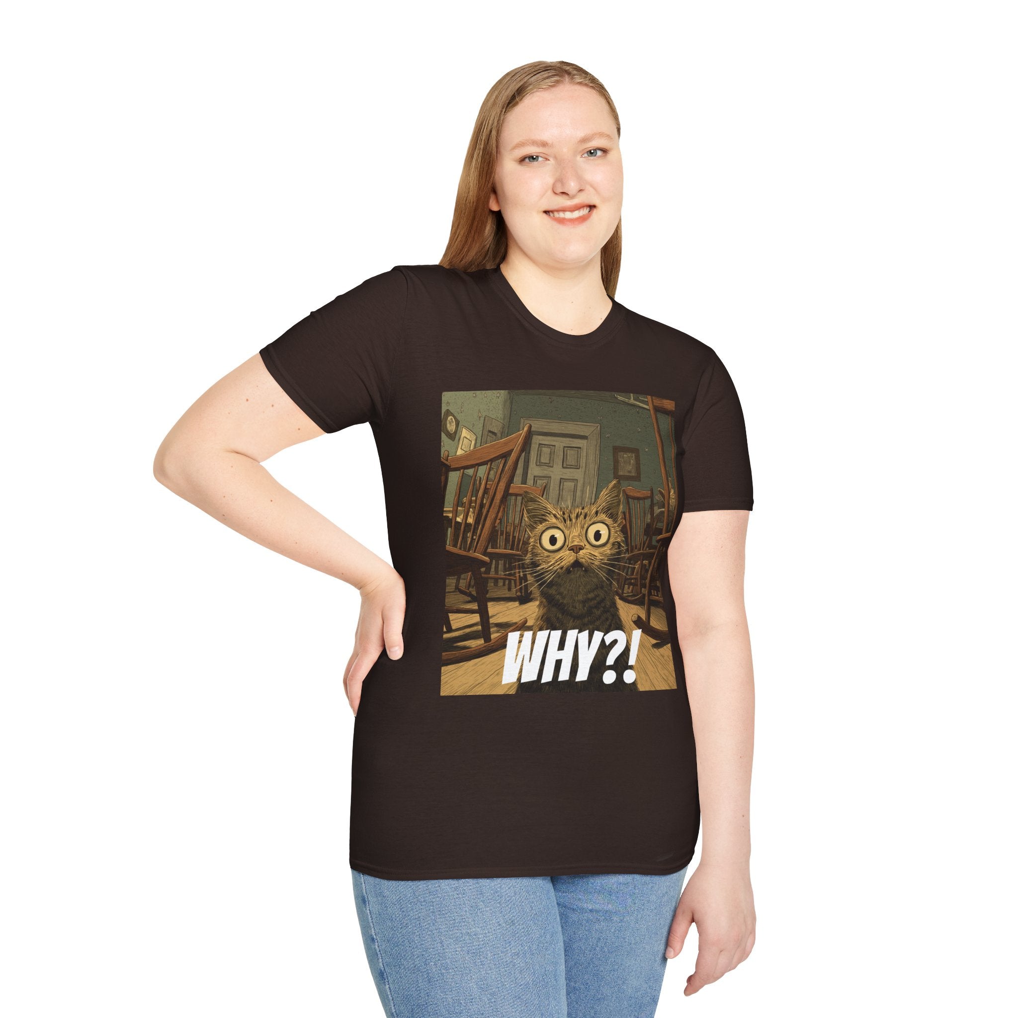 Cat Meme T-Shirt — "WHY?!" Funny Wide-Eyed Cat Graphic Tee