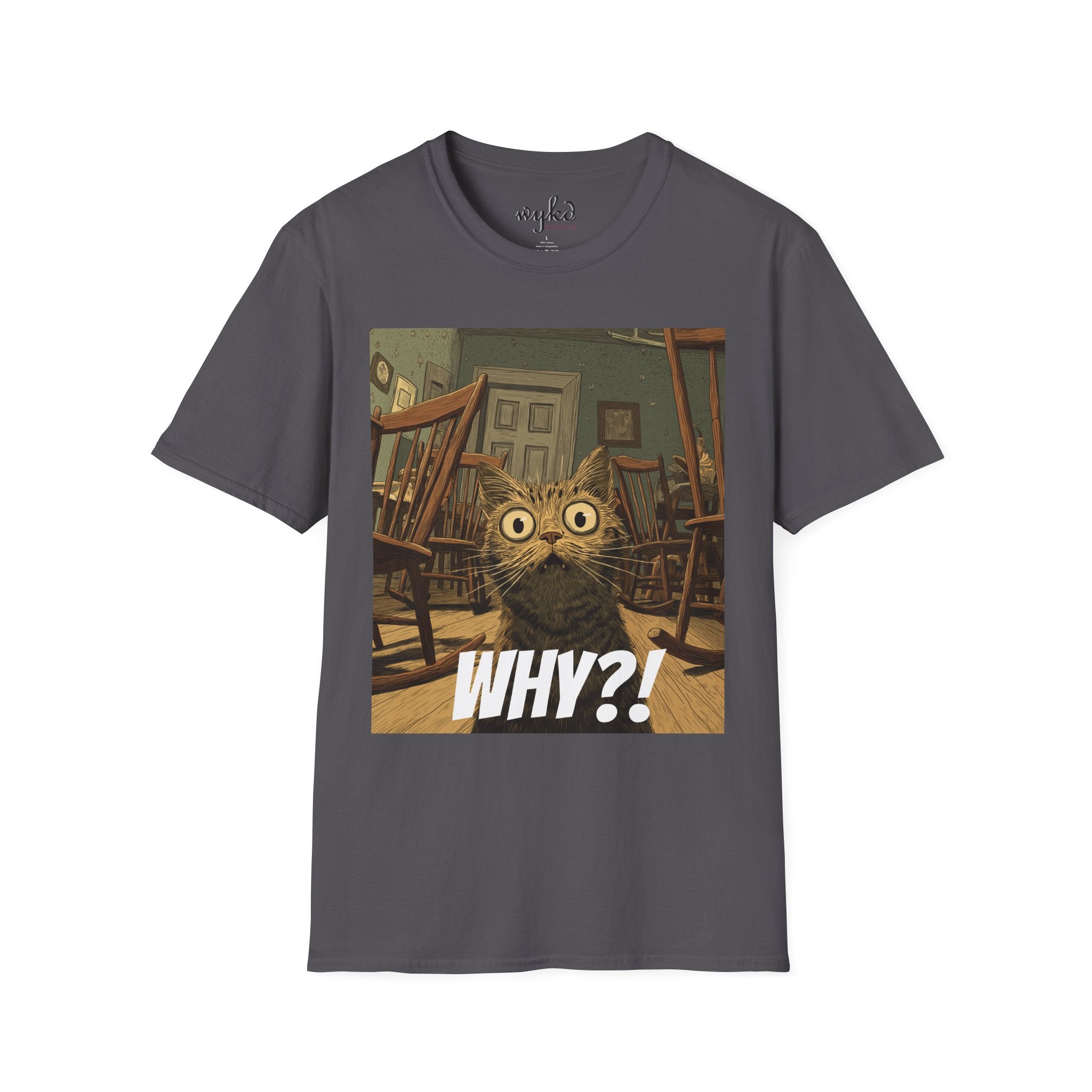 Cat Meme T-Shirt — "WHY?!" Funny Wide-Eyed Cat Graphic Tee