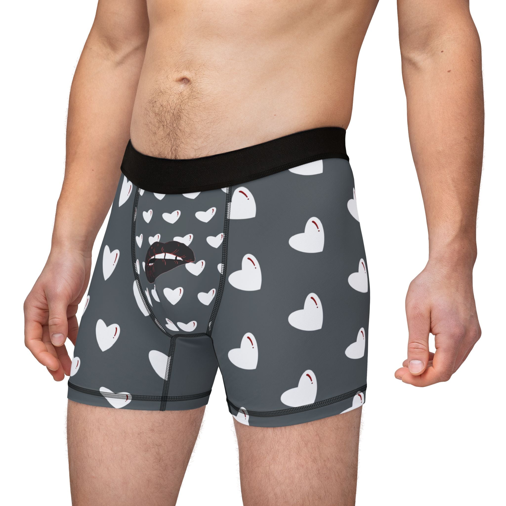 Heart Pattern Men’s Boxers — Red Kiss Drk Grey Underwear