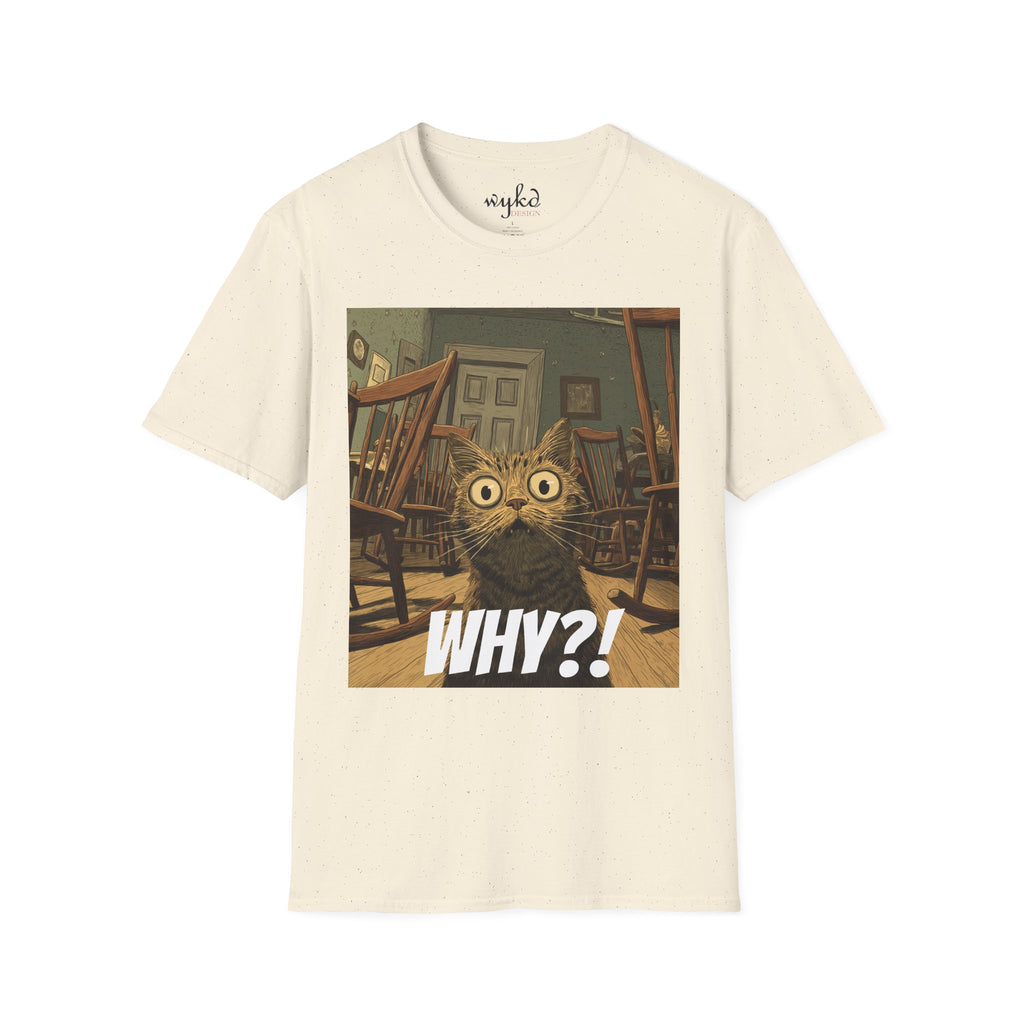 Cat Meme T-Shirt — "WHY?!" Funny Wide-Eyed Cat Graphic Tee