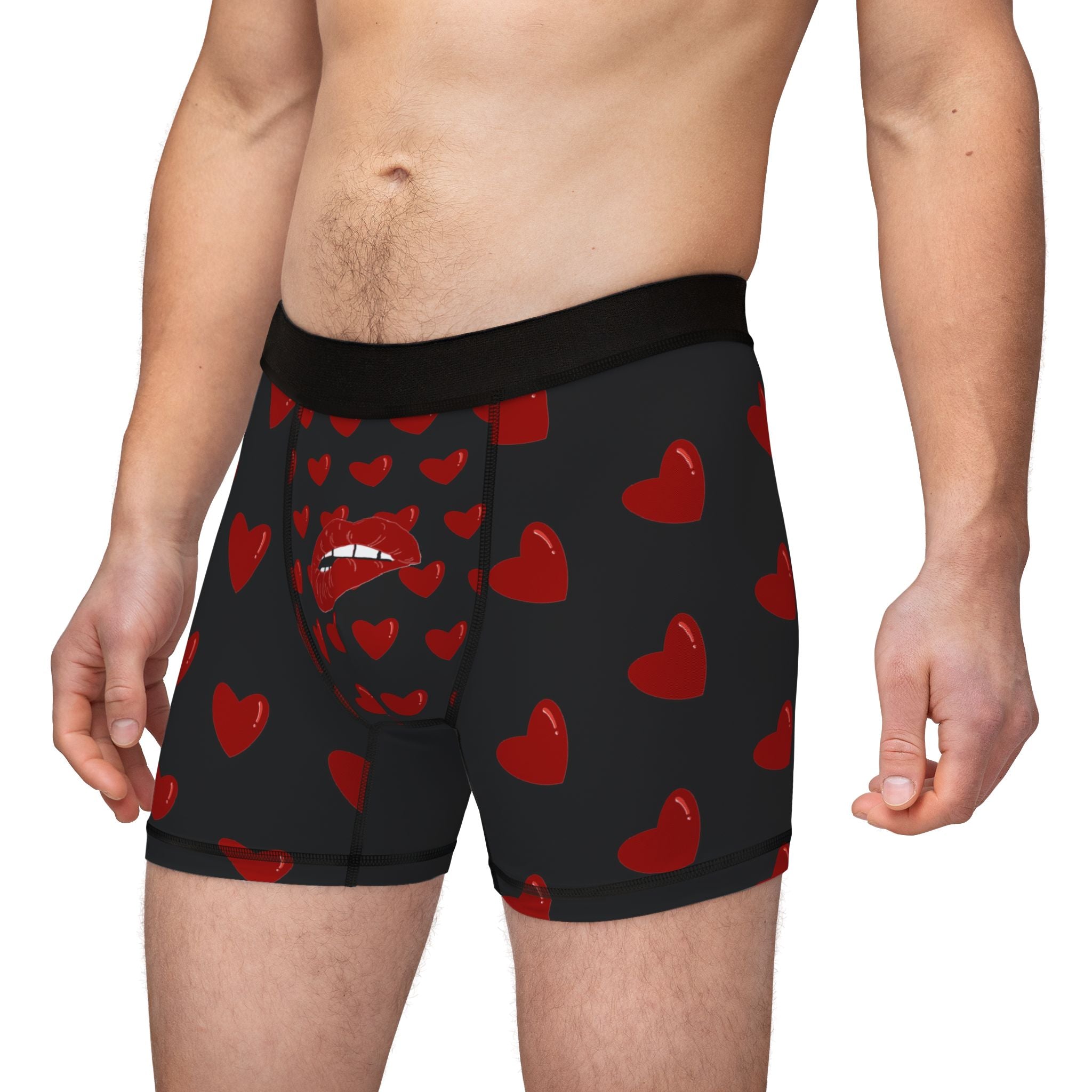 Heart Pattern Men’s Boxers — Red Kiss Black Underwear