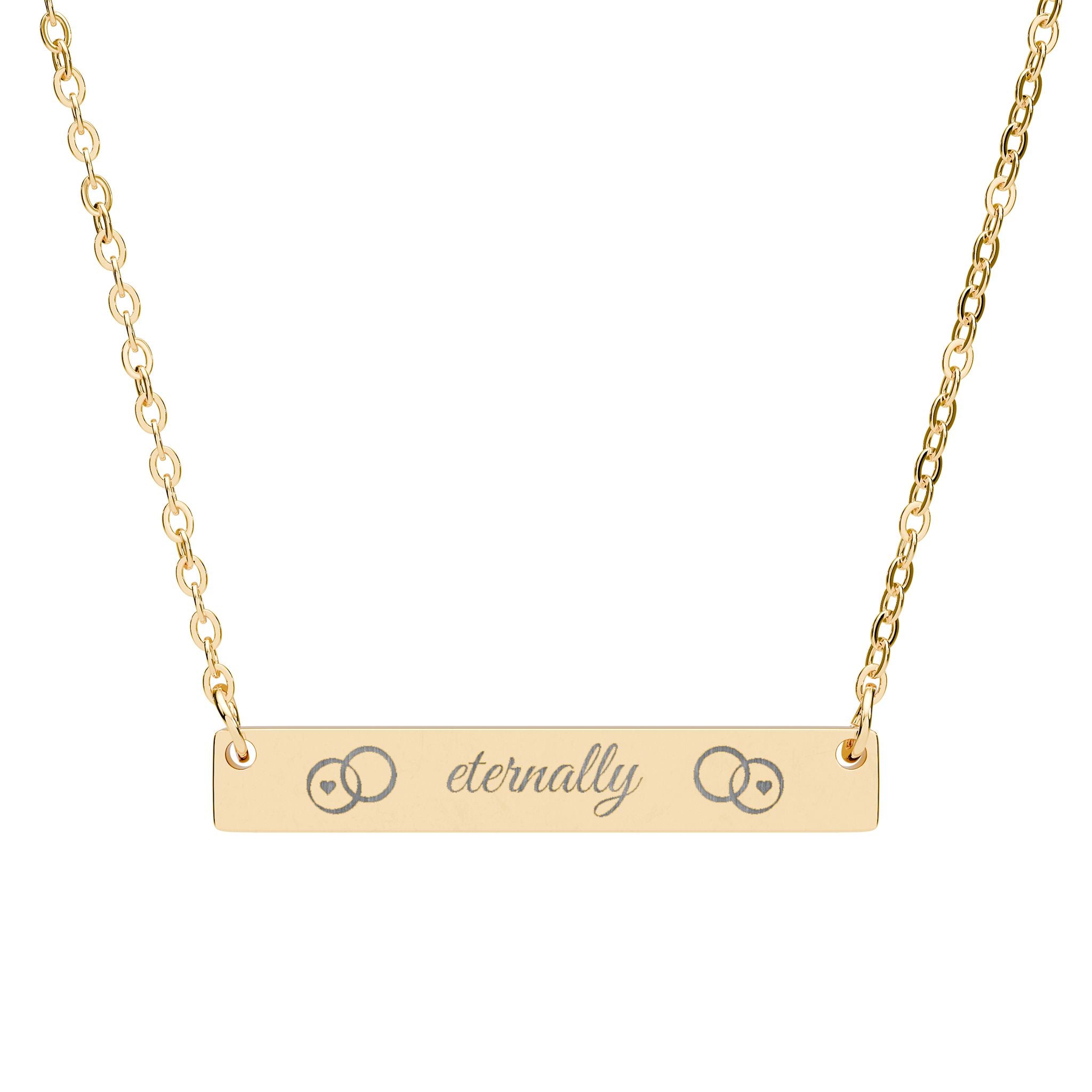 eternally  Horizontal Bar Necklace — Custom 'eternally' Script, Two Wedding Bands and hearts