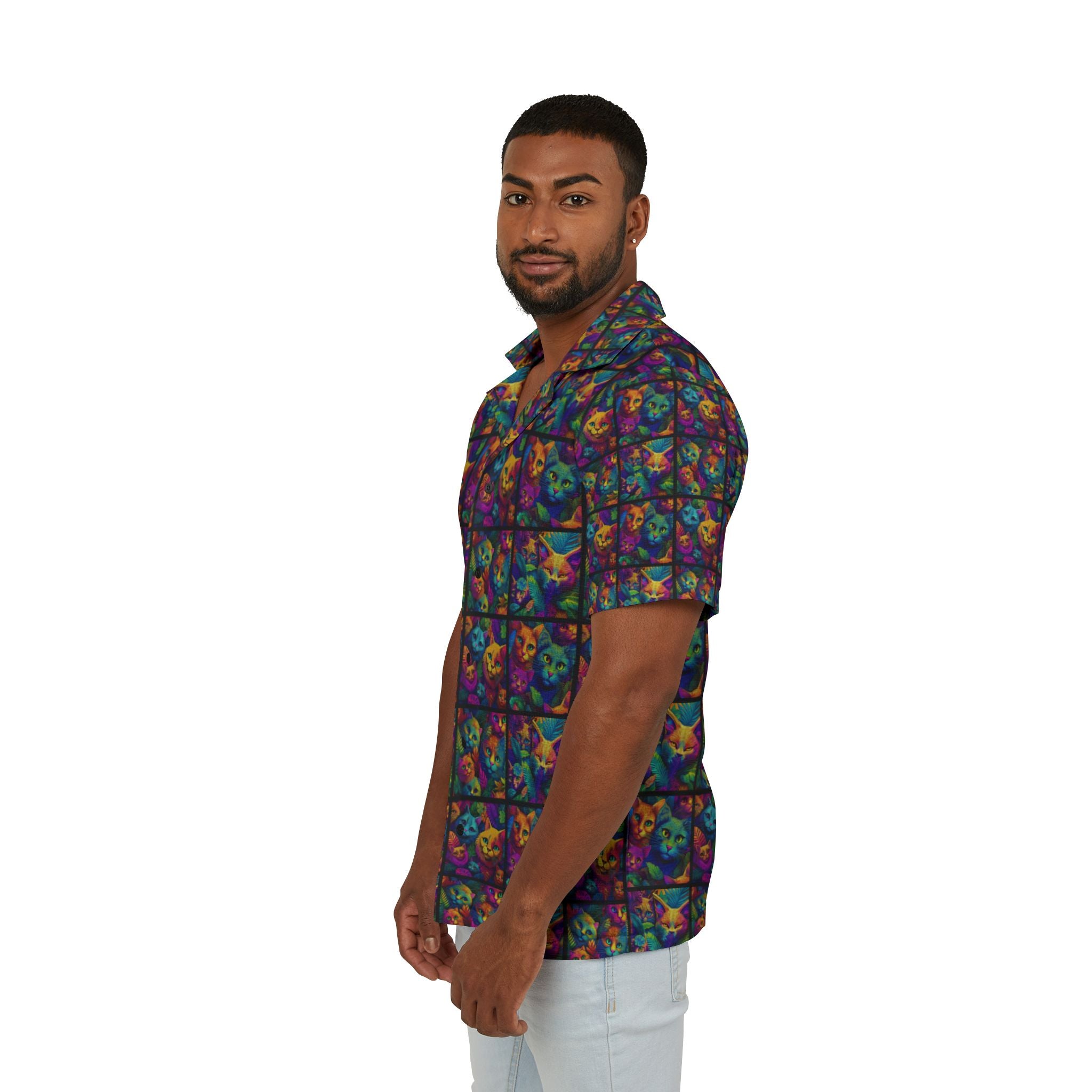 Psychedelic Cat Collage Hawaiian Camp Shirt - Colorful All-Over Print