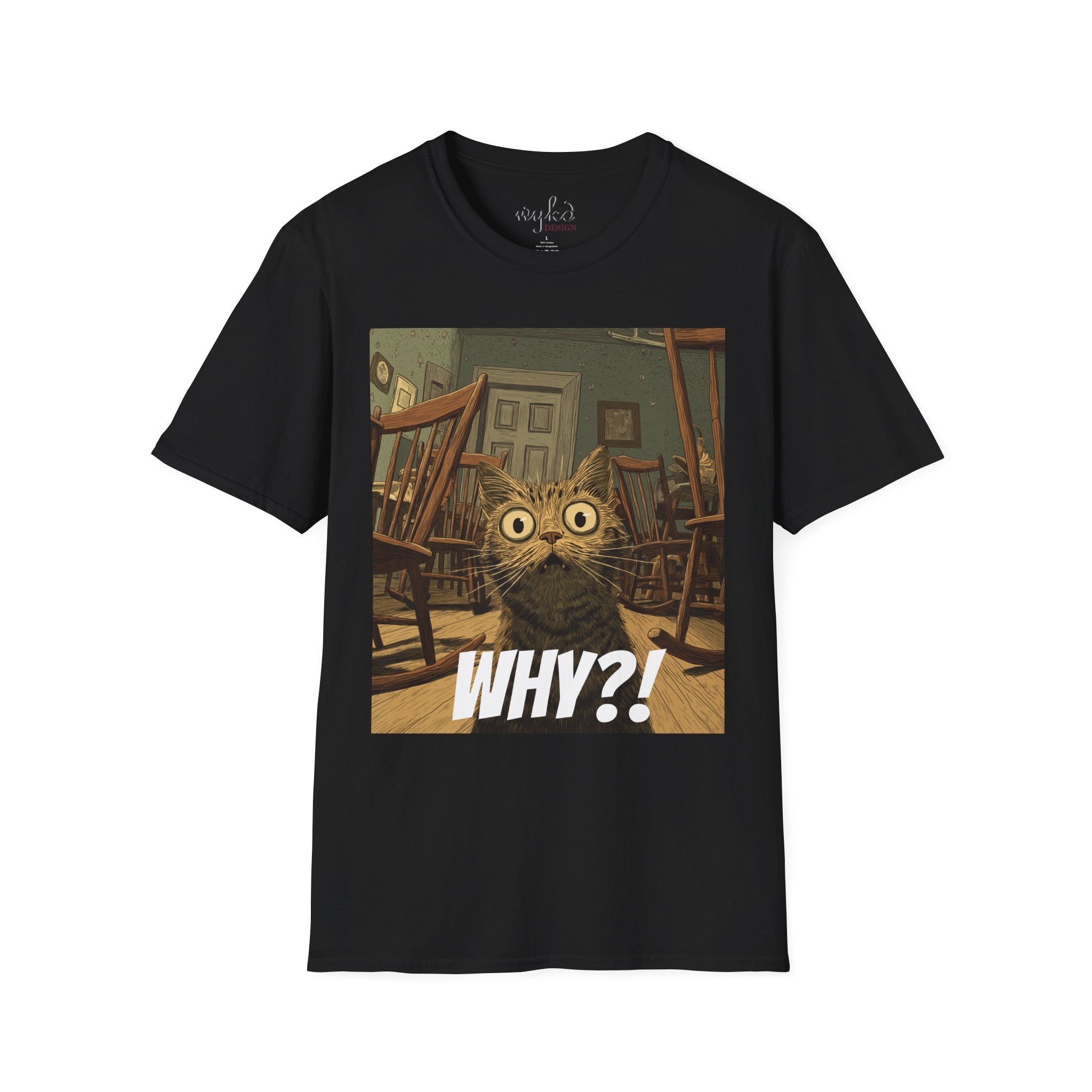 Cat Meme T-Shirt — "WHY?!" Funny Wide-Eyed Cat Graphic Tee