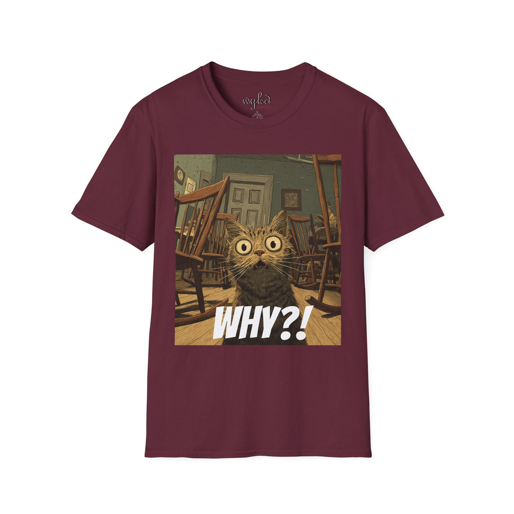 Cat Meme T-Shirt — "WHY?!" Funny Wide-Eyed Cat Graphic Tee