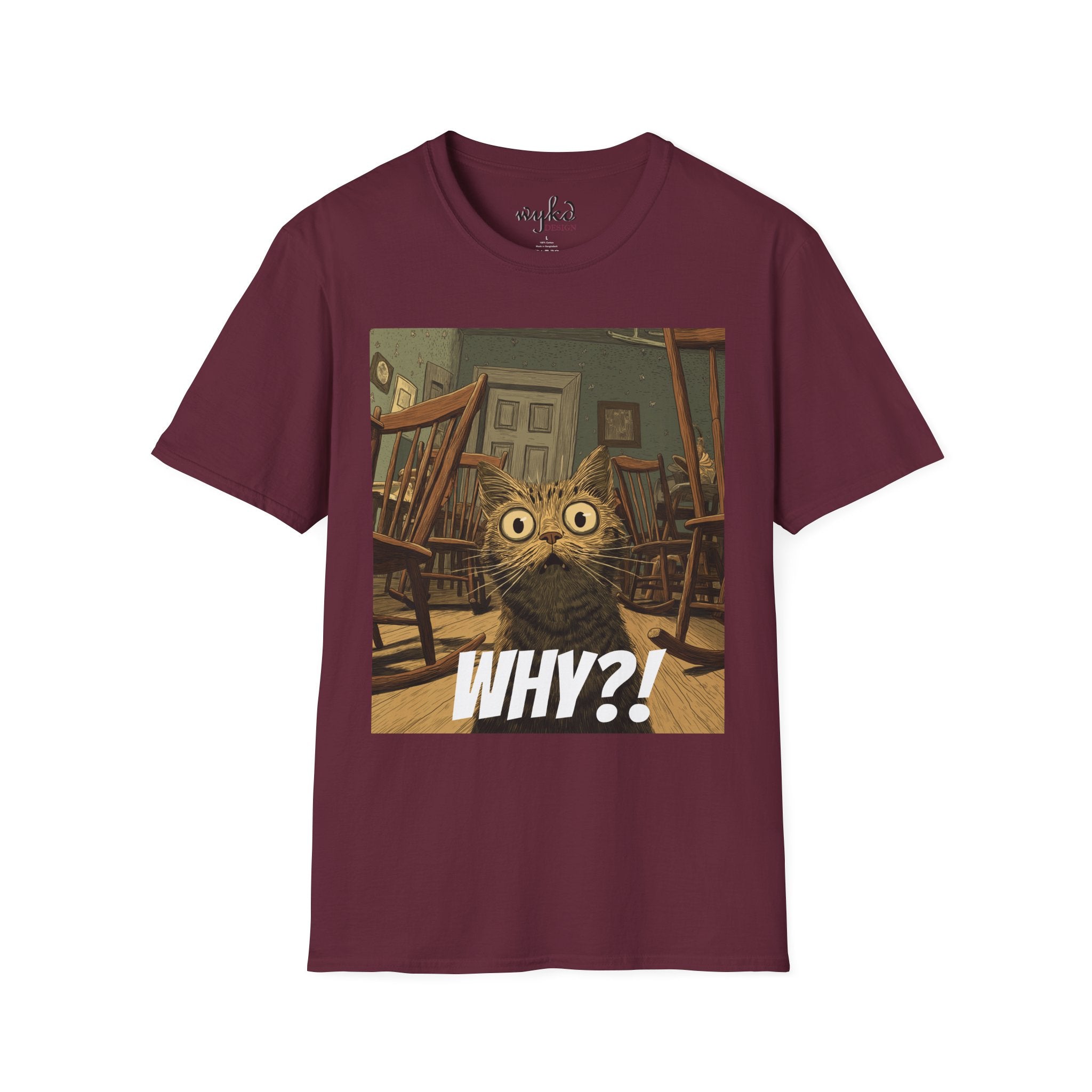 Cat Meme T-Shirt — "WHY?!" Funny Wide-Eyed Cat Graphic Tee
