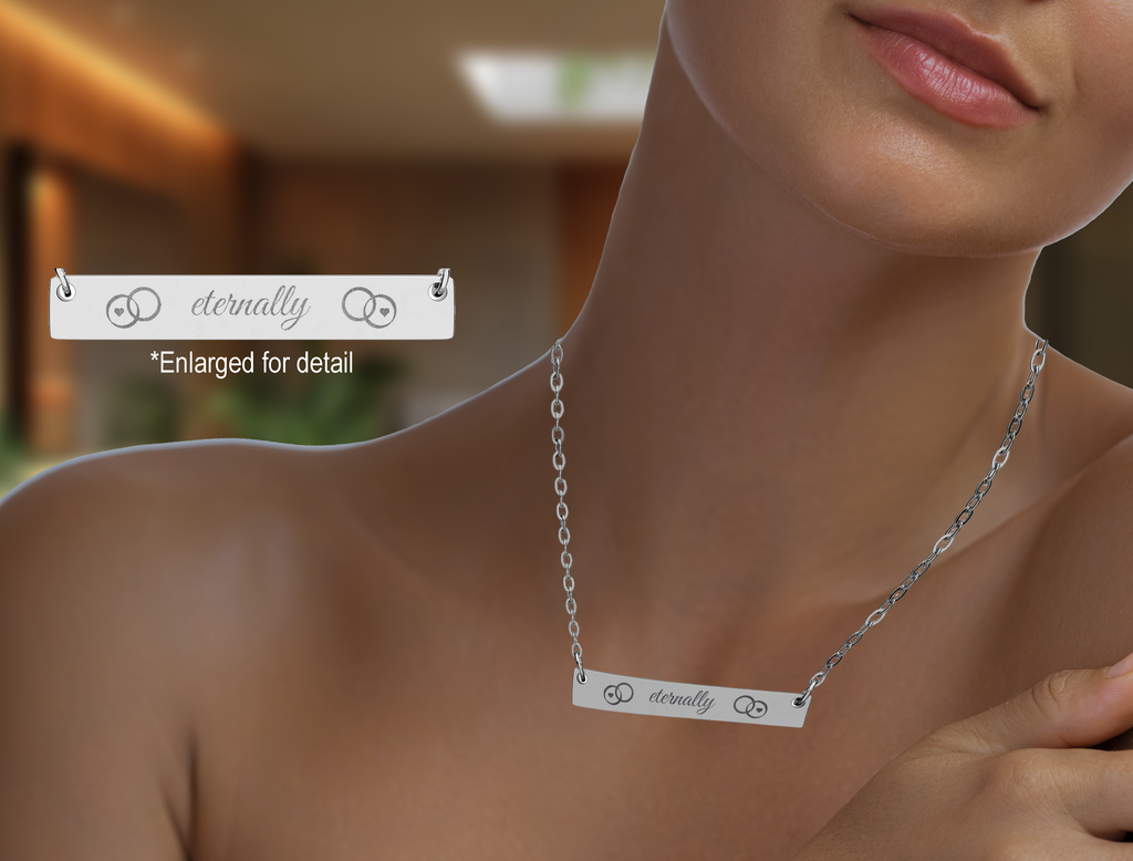 eternally  Horizontal Bar Necklace — Custom 'eternally' Script, Two Wedding Bands and hearts