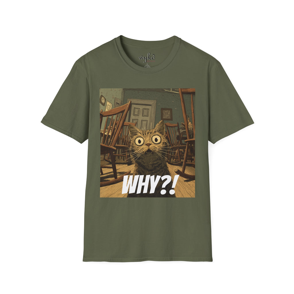 Cat Meme T-Shirt — "WHY?!" Funny Wide-Eyed Cat Graphic Tee