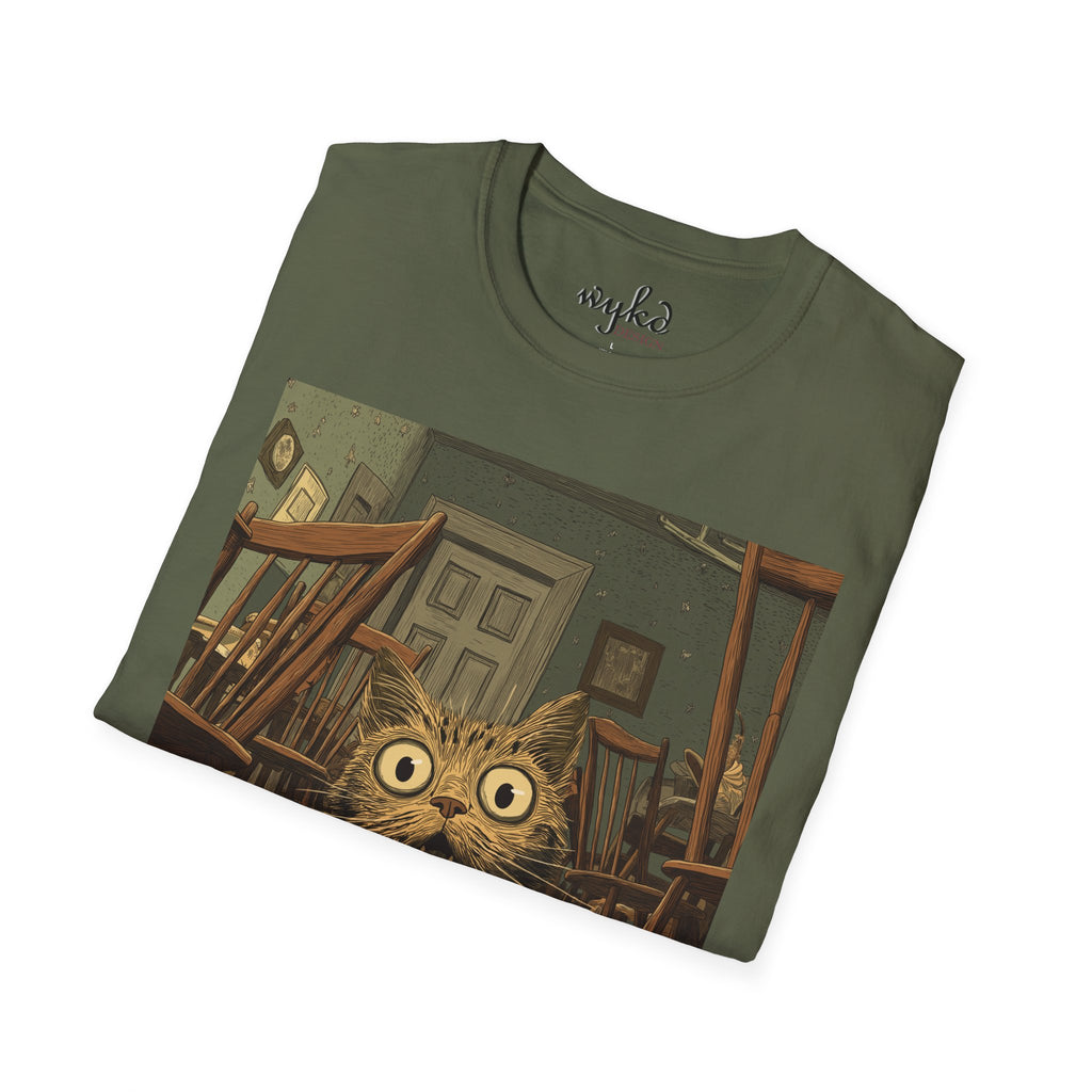 Cat Meme T-Shirt — "WHY?!" Funny Wide-Eyed Cat Graphic Tee
