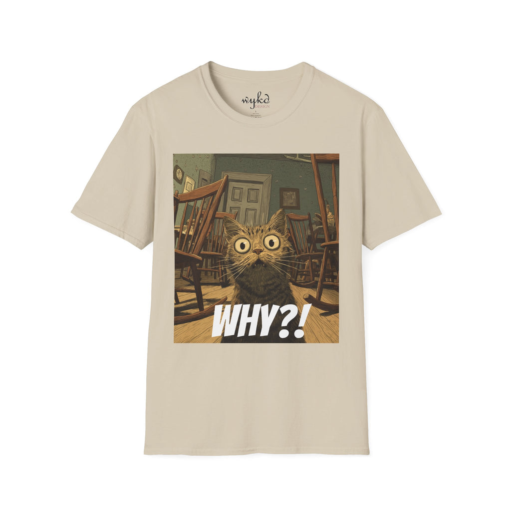 Cat Meme T-Shirt — "WHY?!" Funny Wide-Eyed Cat Graphic Tee