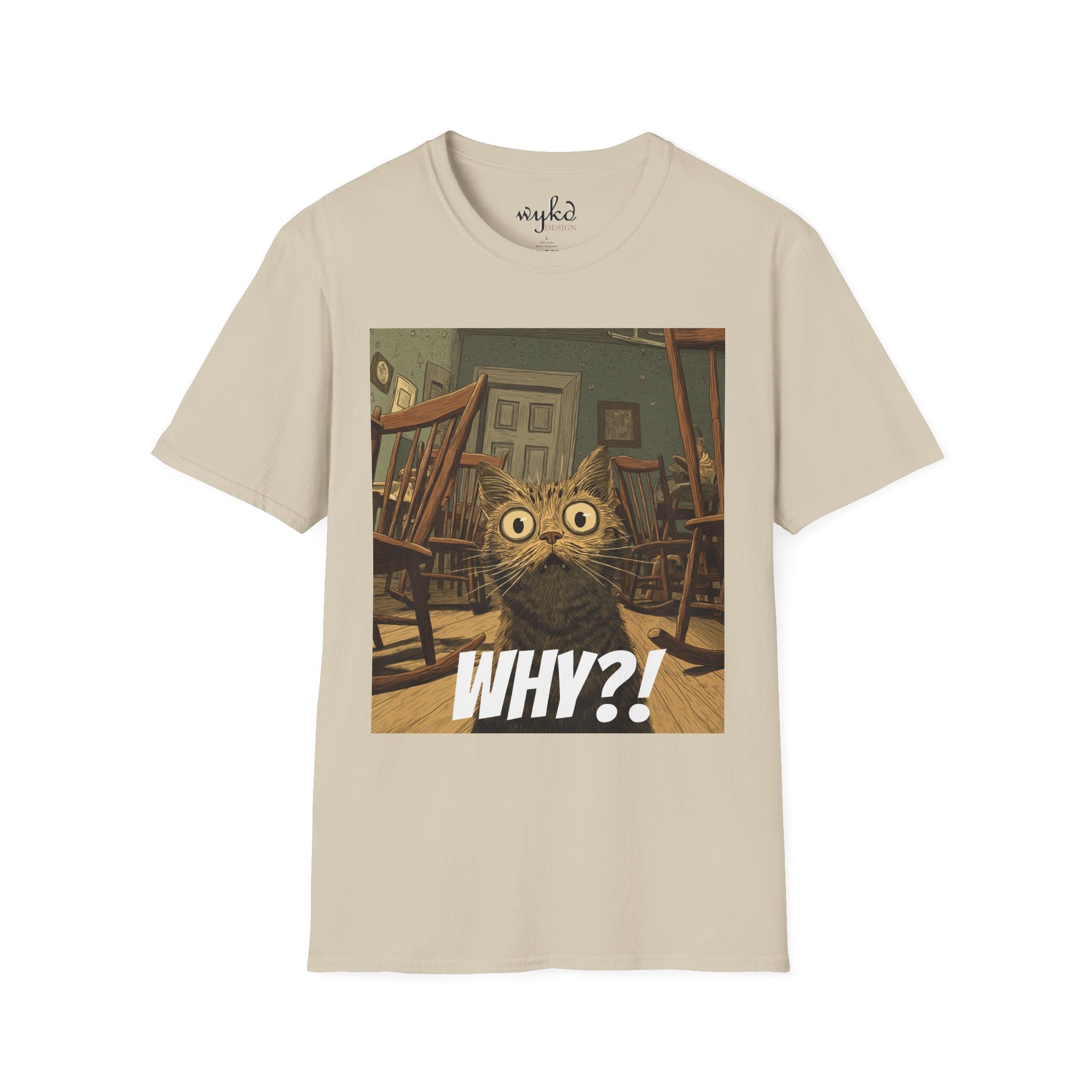 Cat Meme T-Shirt — "WHY?!" Funny Wide-Eyed Cat Graphic Tee