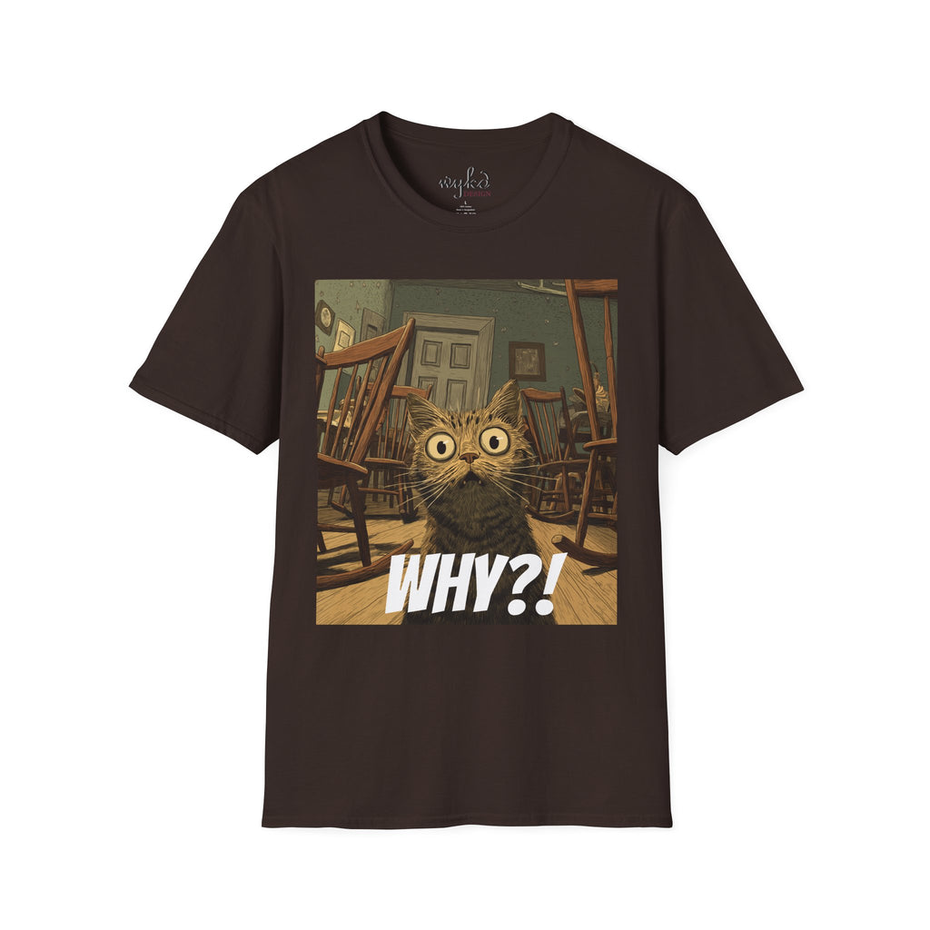 Cat Meme T-Shirt — "WHY?!" Funny Wide-Eyed Cat Graphic Tee