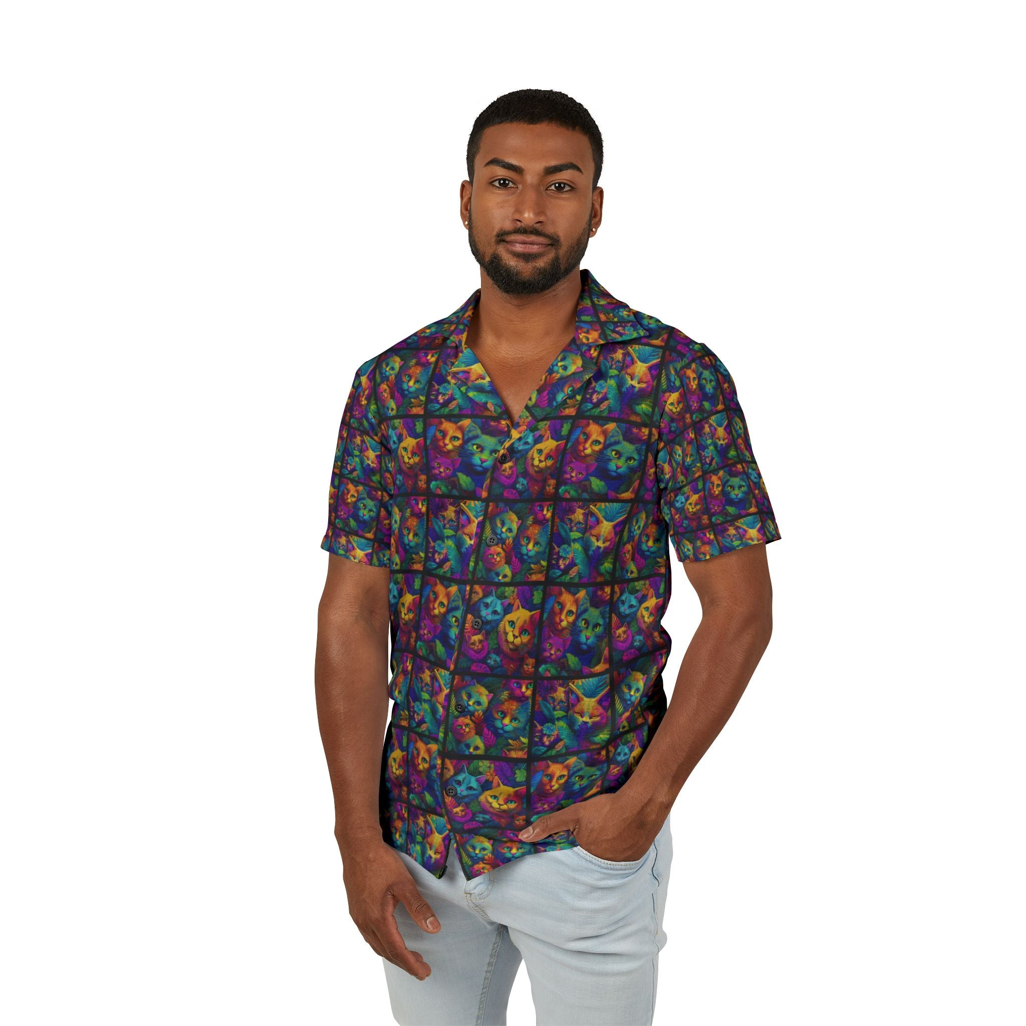 Psychedelic Cat Collage Hawaiian Camp Shirt - Colorful All-Over Print