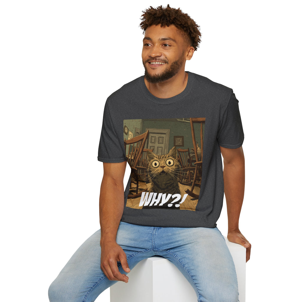Cat Meme T-Shirt — "WHY?!" Funny Wide-Eyed Cat Graphic Tee