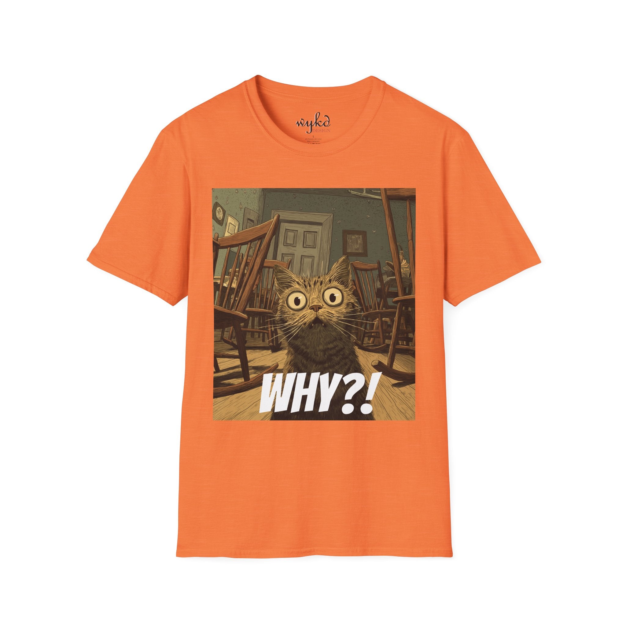 Cat Meme T-Shirt — "WHY?!" Funny Wide-Eyed Cat Graphic Tee