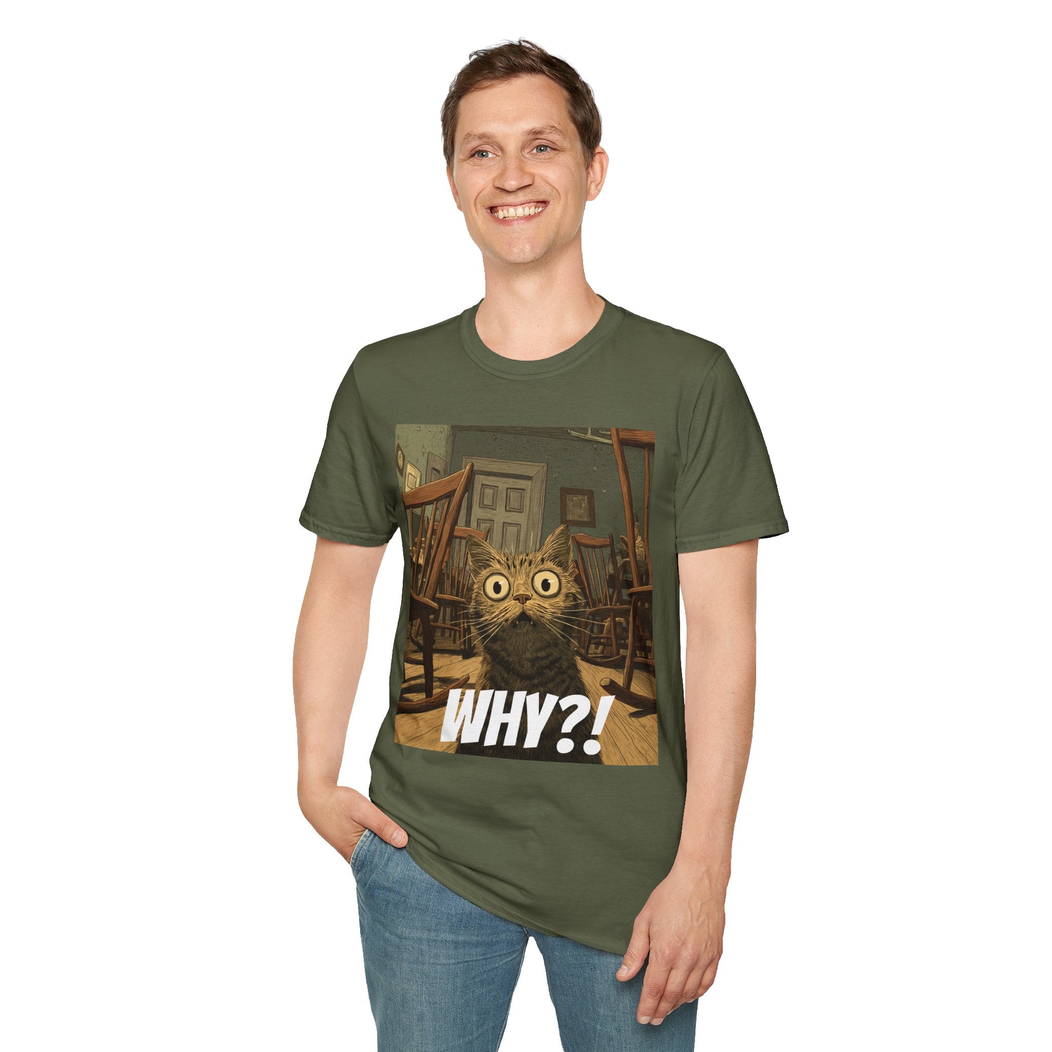 Cat Meme T-Shirt — "WHY?!" Funny Wide-Eyed Cat Graphic Tee