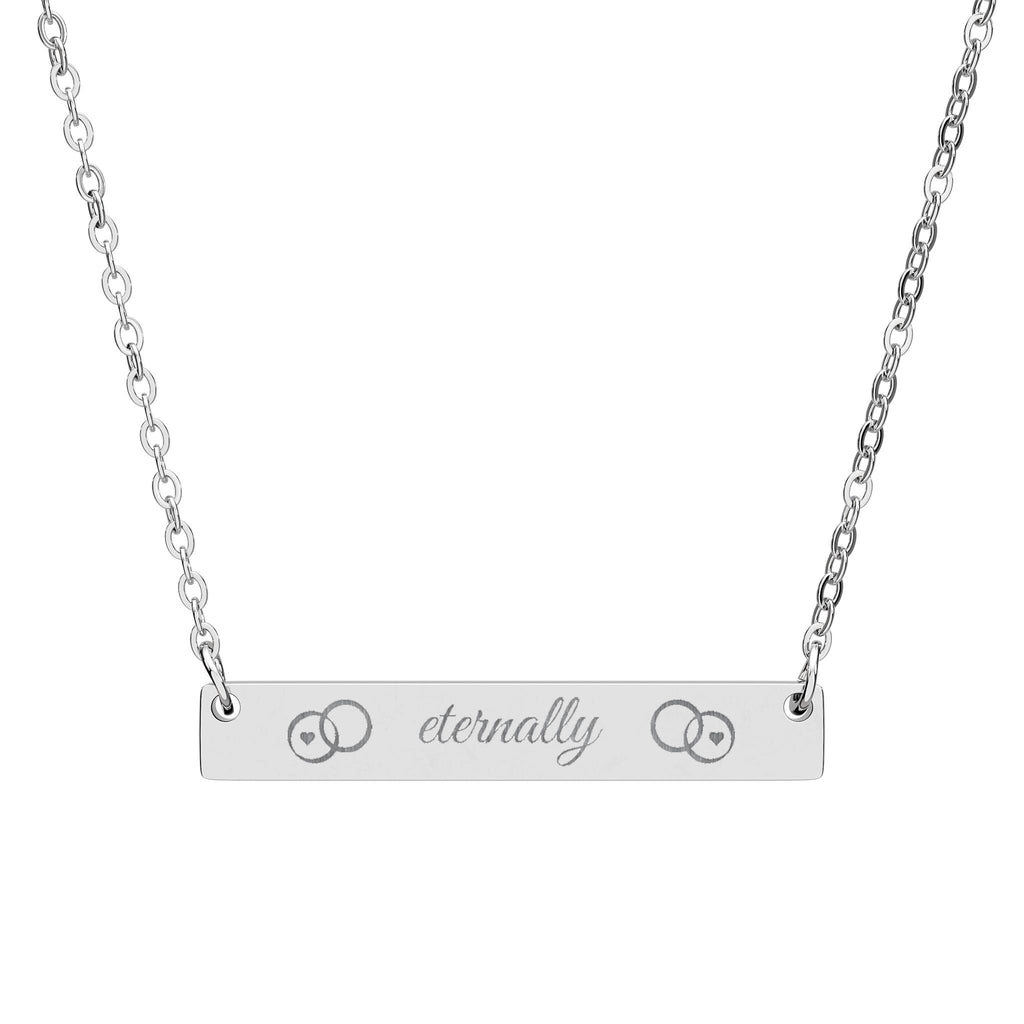 eternally  Horizontal Bar Necklace — Custom 'eternally' Script, Two Wedding Bands and hearts