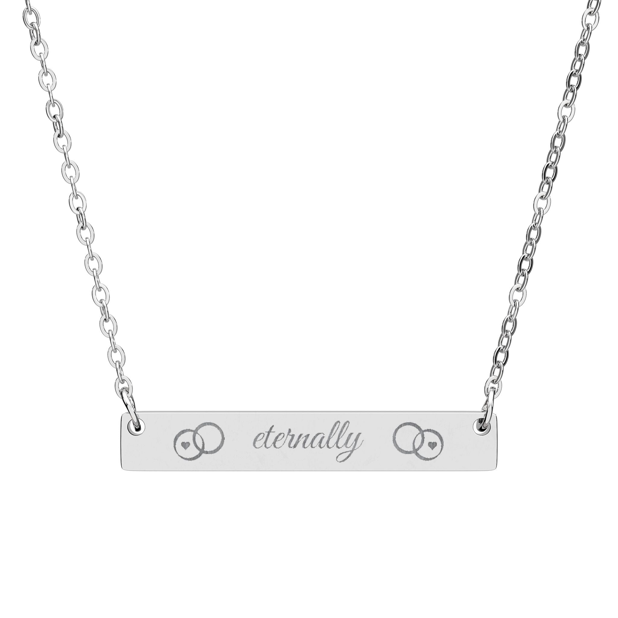 eternally  Horizontal Bar Necklace — Custom 'eternally' Script, Two Wedding Bands and hearts