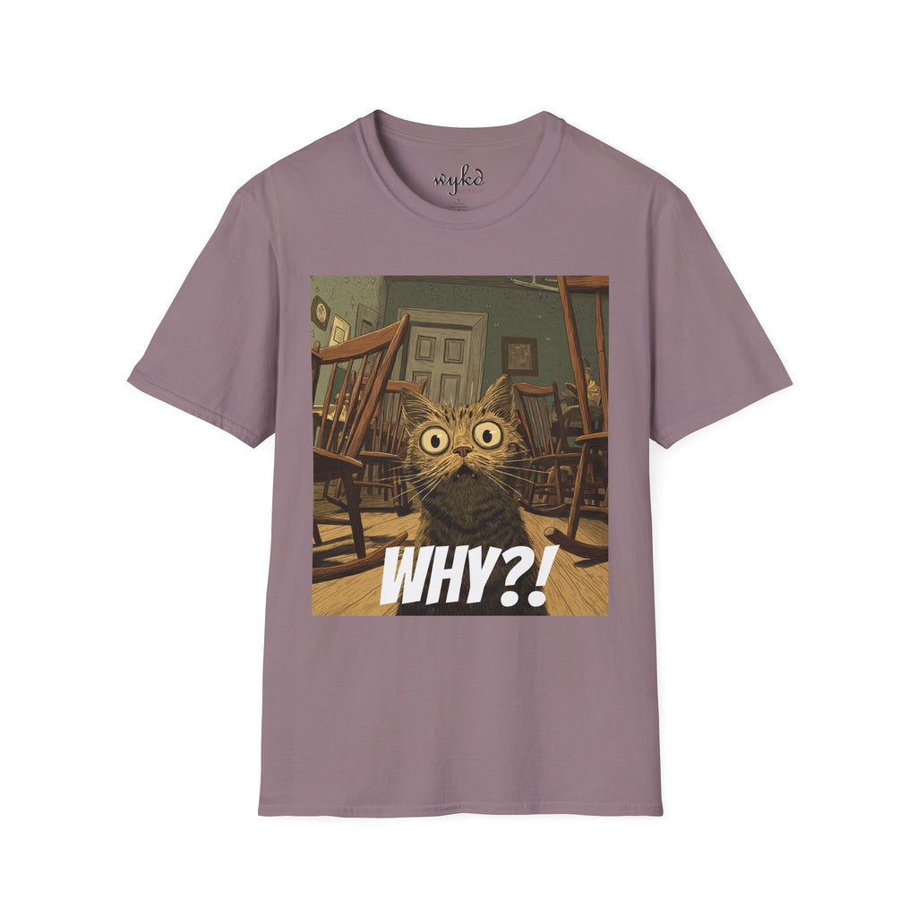 Cat Meme T-Shirt — "WHY?!" Funny Wide-Eyed Cat Graphic Tee
