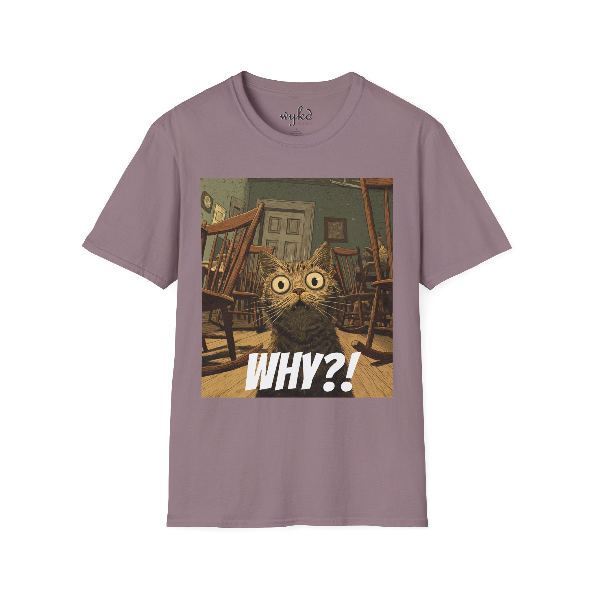 Cat Meme T-Shirt — "WHY?!" Funny Wide-Eyed Cat Graphic Tee