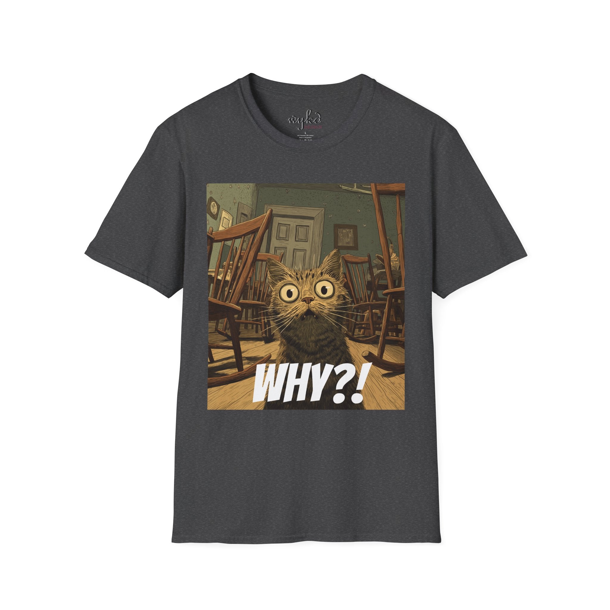 Cat Meme T-Shirt — "WHY?!" Funny Wide-Eyed Cat Graphic Tee