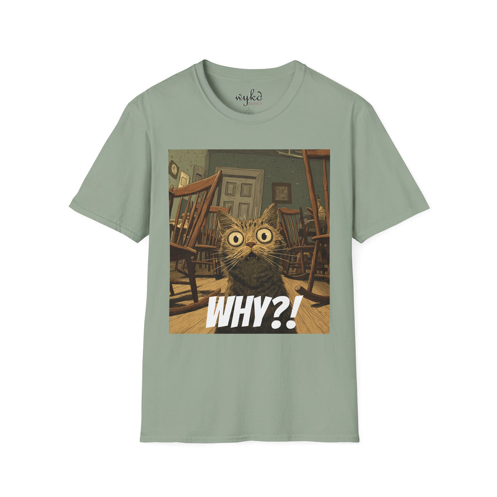 Cat Meme T-Shirt — "WHY?!" Funny Wide-Eyed Cat Graphic Tee