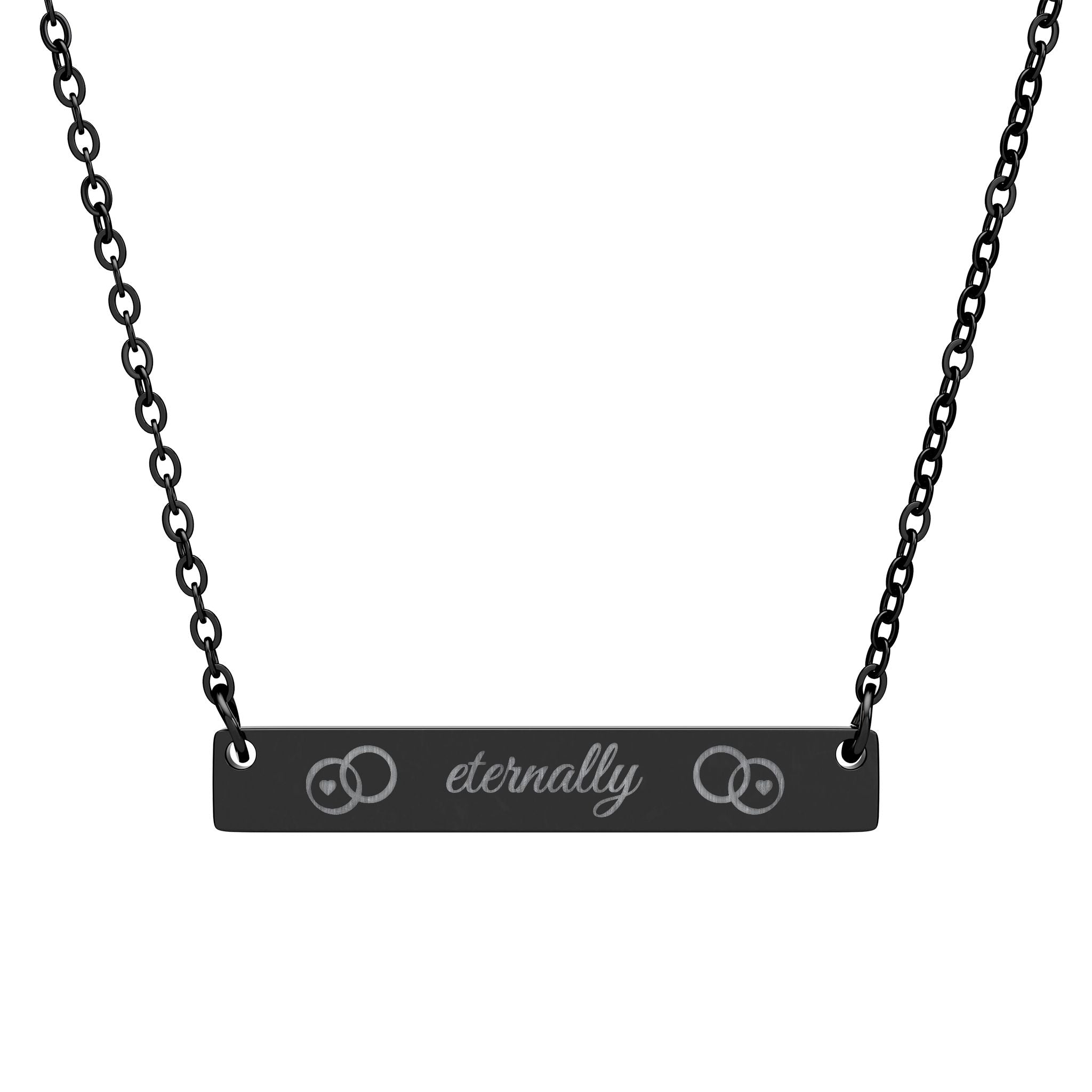 eternally  Horizontal Bar Necklace — Custom 'eternally' Script, Two Wedding Bands and hearts